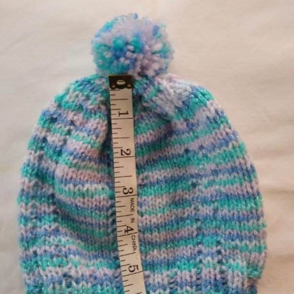 HandKnit Baby Cap Blue Multicolor with PomPom 0-3 Mon Infant Beanie - Picture 3 of 5